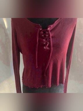 Women’s Long Sleeve Lace-Up Ribbed Long-Sleeve Top - Burgundy (Size L)